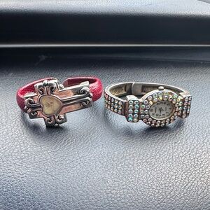 Silver and Red Women's Jewelry Set: Cross Watch & Metal Glitter Watch